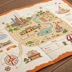 A detailed map of Kidzania Abu Dhabi, crafted on parchment. White and orange tones with vibrant accents. Reveals the layout of the fantastical realm.