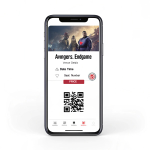 Screenshot of movie ticket for 'Avengers: Endgame'. Digital ticket with QR code, showing venue details, date, time, seat number, and price.