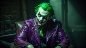 green hair purple leather jacket tearing poor joker Sitting in the dark room

 










