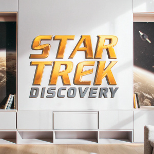 Promotional graphic for 'Star Trek: Discovery'. A dynamic image with bold, futuristic font.