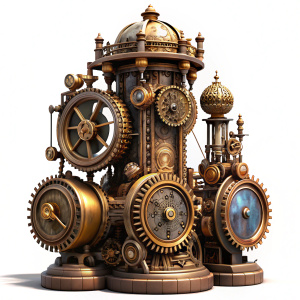 A detailed steampunk clock tower with intricate gears and brass elements, vintage style, glowing softly, highly detailed, solid white background