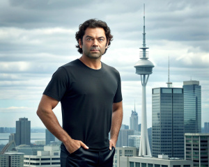 Bollywood actor Bobby Deol full body image wearing half sleeve black tshirt and standing near sky city Auckland