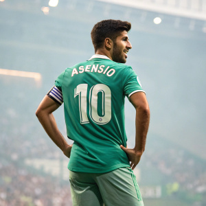 Marco Asensio, dressed in a green jersey with 'Asensio' and number 10, posing in front of a blurred stadium crowd.