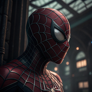 Close-up of Spider-Man's mask with a geometric web pattern. Dark, futuristic setting.
