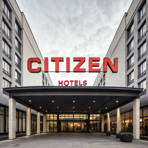 CitizenM Hotels brand logo, modern design. The name 'Citizen' in bold red, 'Hotels' below in black.