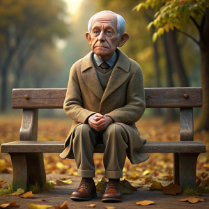 Anciano solitario, viejo y arrugado sentado en una banca de un parque un  dia de otoño