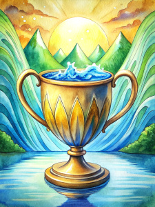 agua cayendo dentro de una copa de oro del tarot llena de agua