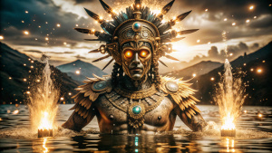 MITOLOGIA INCA PERÚ: Viracocha Dios inca, saliendo del lago en el espacio, VARONIL, OJOS DESTELLANTES DE LUZ AZUL ENERGÉTICA, magia ,misterio, epico, en la noche, destellos brillantes de magia en el lago , de lejos, oscuridad