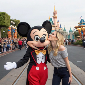 Emma Roberts sharing a playful kiss with Mickey Mouse at Disneyland. Crowds of excited visitors surrounding them.