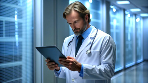 EMRs, Electronic Medical Record system. Doctor using digital tablet recoding, analyzing digital patient's personal health history and information on digital document, global health technology