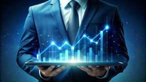 AI hand holding tablet showing graph growth stock. finance forex trading technology. Economy trends investment concept.