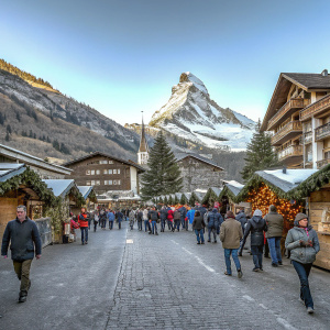 A vibrant Christmas market in Zermatt, Switzerland. Crowds of people, dressed warmly, stroll past wooden stalls. A large wooden chalet and snow-capped peaks dominate the background.