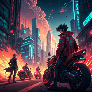 Poster for 'Akira'. Futuristic cityscape with neon lights, showing main characters in dynamic poses, explosions, motorcycles, and hoverbikes.
