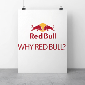 Flyer for Red Bull event. Clean design. White background. Prominent logo. Text: 'Why Red Bull?'