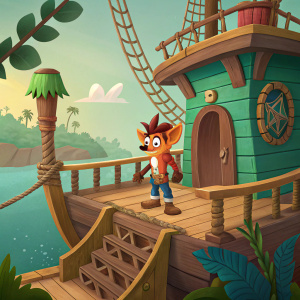 Digital art of Crash Bandicoot in a fantasy land. Pirate ship themed structure with wooden decks and ropes. Color scheme includes green, brown, and vibrant hues. From the game 'Crash Bandicoot 4: It's About Time'