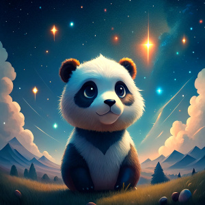 a big panda looking at distant stars in the sky, cartoon style