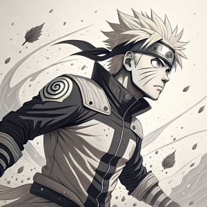 Anime illustration of Naruto, dynamic pose. Upper body highlighted. Black and white with intricate lines and shapes. Minimalistic background.