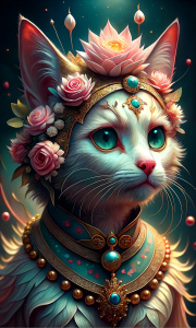 a fairy white, golden and pink cat with golden eyes, wearing a pink and gold pearls and flowers crown