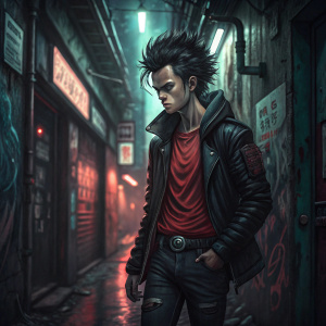 Tetsuo from Akira, depicted in a futuristic, neon-lit alleyway. He sports a severe look and a unique hairstyle. Tetsuo wears a dark jacket over a red shirt, black jeans. The alleyway is dimly lit with graffiti-covered walls and flickering signs.