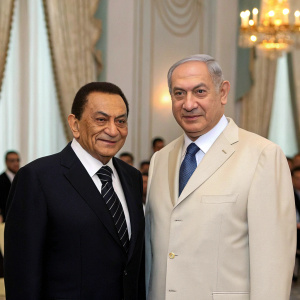 Hosni Mubarak and Benjamin Netanyahu, formal wear, standing in front of blurred audience. Diplomatic conference, classic decor.