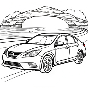 coloring page, hand draw, bold and easy, 
Nissan Altima on a Coastal Road Trip
 White background, black line art