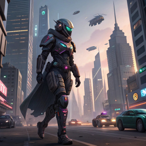 In the bustling cityscape of Neo-Thalia, a character from the animated series strides confidently. Dressed in high-tech armor, with neon accents and holographic visor, against a backdrop of towering skyscrapers and flying vehicles.