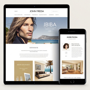 Elegant webpage design for John Frieda Ibiza. Clean layout with grid system. Displays sleek mobile devices, stylish people, and chic interior design elements. Uses soothing palette of black, white, and beige.