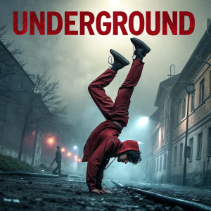 Movie poster for 'Underground'. Emir Kusturica film. Dark and gritty theme. Figure in red outfit performing acrobatic stunt. Bold red text for title.