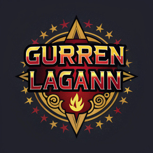 Enigmatic emblem for Gurren Lagann, combining vibrant fiery text with a blazing symbol. Golden, crimson, and black colors swirl together creating a design full of unbridled energy.