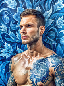 hombre en escorzo, natural, con mirada dulce, obra con fondo estampado, con tatuaje pequeño, composición original
