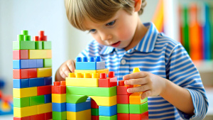 Close up of child hands playing with colorful building blocks. Preschool kid building tower with plastic blocks at home or kindergarten, daycare center or nursery