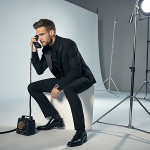 Liam Payne, posing in a sleek black suit with a vintage camera phone. Empty, modern studio backdrop.
