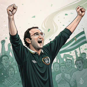 Martin O'Neill, celebrating victory with arms raised. Dark green jersey with club emblem. Crowds cheering in the background.