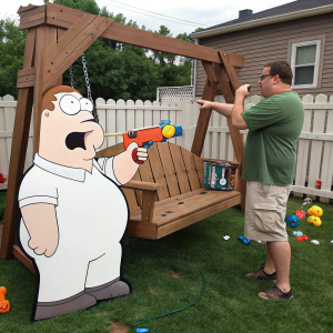 Peter Griffin pointing a toy gun at a cardboard cutout of Brian Griffin in the Griffin's backyard. Lois Griffin sipping iced tea on the porch swing.