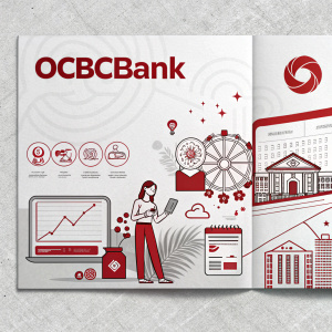 OCBCBank's digital marketing campaign. Clean, modern aesthetic. Predominantly grayscale palette with bold red accents. Features flat design elements alongside intricate illustrations to highlight the brand's identity and promotional offerings.