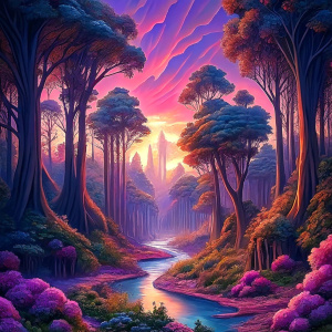 point of view angle, pink golden and silver sunset, mystical forest, tall immense tress, river