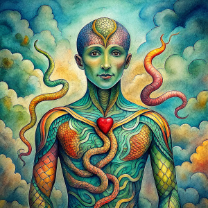 persona con gusanos ancestrales en todo el cuerpo spiritual colored art