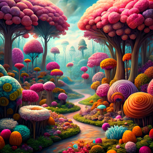 A forest full of colorful flowers and giant candy trees in the Land of the Flying Rabbits