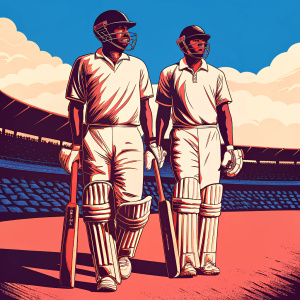 Angelo Mathews and Kusal Mendis, Sri Lankan cricketers, standing alone on an empty field. Dressed in white uniforms. Clear blue sky background