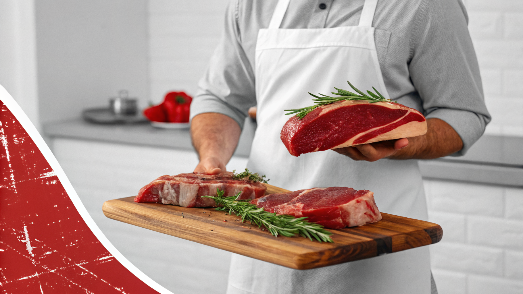 Butcher presenting this week's featured fresh meat cut on a wooden block