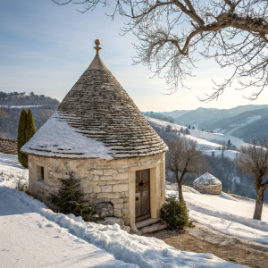 A quaint stone-roofed cottage in winter, nestled in the snowy landscapes of northern Italy. The conical roof and icy facade create a serene, picturesque scene.