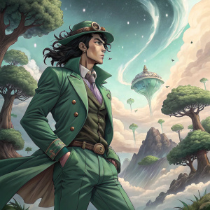 Illustration of Gyro Zeppeli, dark hair, green suit, determined pose, in a fantasy landscape.