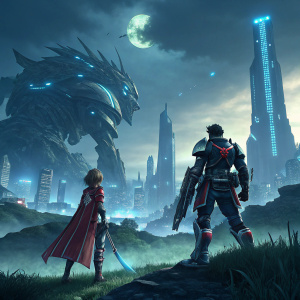 Promotional poster for Xenoblade Chronicles 2. Dark, futuristic cityscape background. Characters facing a colossal robotic creature.