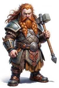 world of dnd, dwarf, warrior, stands in a pathetic pose, red hair, runes carved on the armor, hammer in hand, transparent background