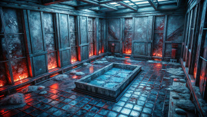 horror, scary, dark, empty modern  room, isometric view, apocalypse
