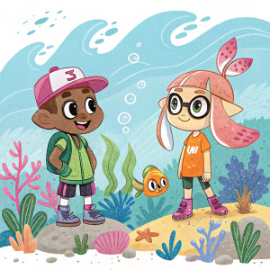 Hand-drawn illustration featuring Inkling characters from Splatoon. Vibrant colors including brown, pink, green, and blue. Detailed sea-themed elements.