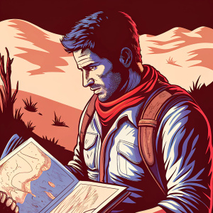 An illustration of Nathan Drake from Uncharted, in a detailed desert setting. Open sketchbook with intricate character design and clothing details.