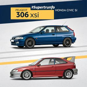 Promotional poster featuring the Peugeot 306 XSi and Honda Civic Si. Both cars are positioned side by side against a minimalist background. The top banner reads '#SuperTrunfo'. Detailed specifications and design elements of each vehicle are highlighted.