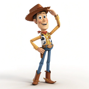 3D rendered image of Woody from Toy Story. Woody, with a cheerful grin, stands in a confident pose with a casual, friendly gesture. Wearing a cowboy hat, western shirt, blue jeans, and brown boots on a plain white background.