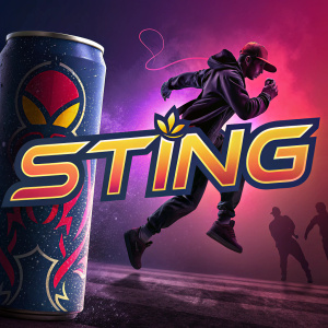 Digital art featuring the STING energy drink logo. The logo is bold and vibrant, set against a dark gradient background.